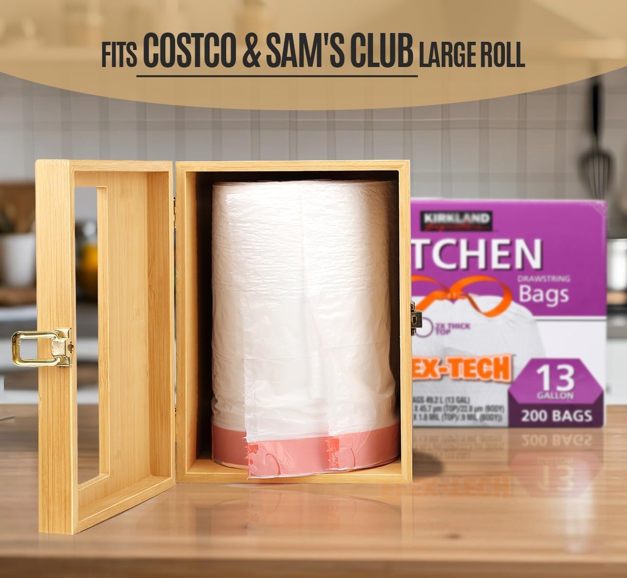 1333 Libreshine Extra Large Bamboo Trash Bag Dispenser Holder for Tall Kitchen Bags, Fits Costco Jumbo Rolls, Gallon