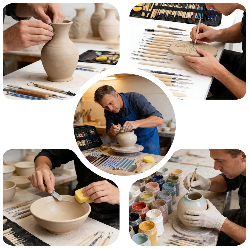 61 PCS Complete Clay Sculpting Tools Kit: All-in-One Pottery Tools with Stainless Steel & Wooden Handles for Modeling Polymer, Ceramic, Air Dry Clay - for Beginners & Artists