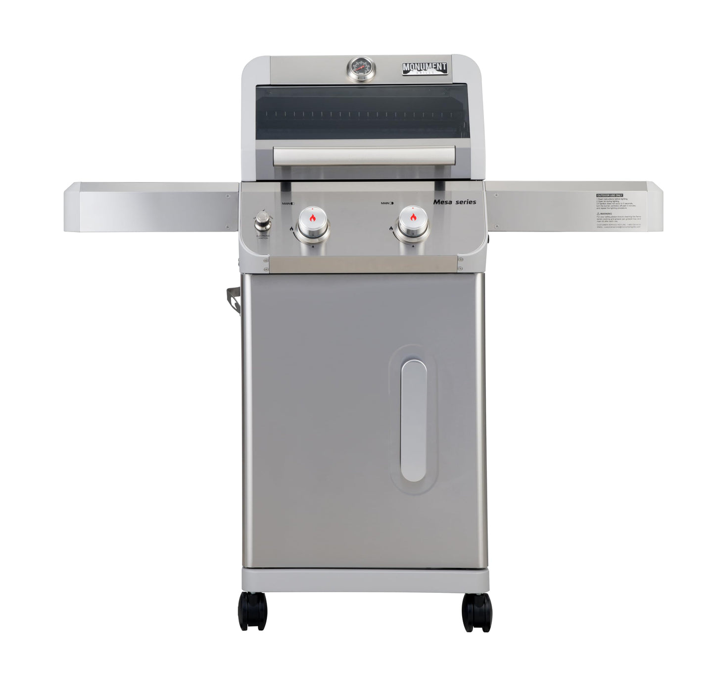 Monument Grills 2-Burner Stainless Steel Liquid Propane Gas Grill, Two Foldable Shelves Patio Garden Barbecue Grill with Clearview® Lid, Knob Control Mesa200S