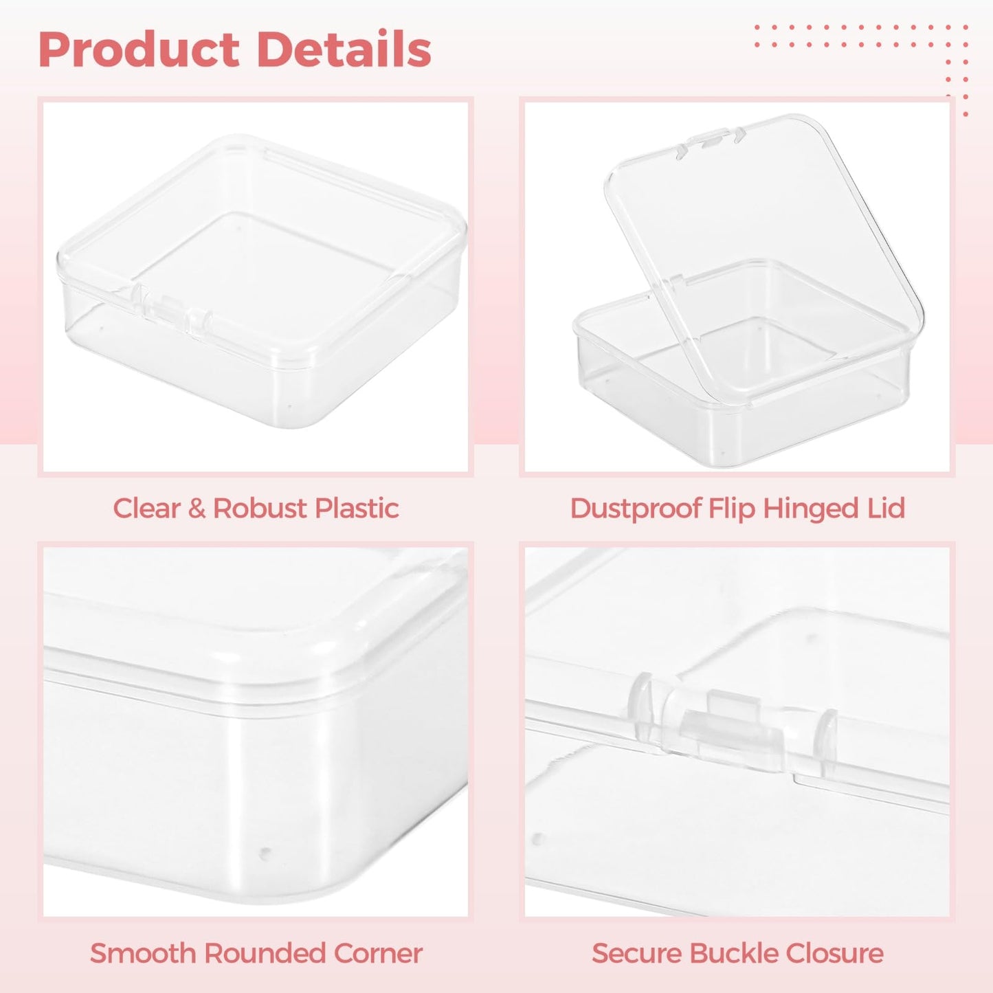 100 Pcs Plastic Bead Storage Containers, 2.2 x 2.2 x 0.8" Small Storage Boxes, Clear Square Containers with Hinged Lids, Mini Organizer Cases for Jewelry, Crafts, Small Items, Parts