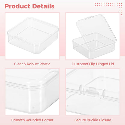 100 Pcs Plastic Bead Storage Containers, 2.2 x 2.2 x 0.8" Small Storage Boxes, Clear Square Containers with Hinged Lids, Mini Organizer Cases for Jewelry, Crafts, Small Items, Parts