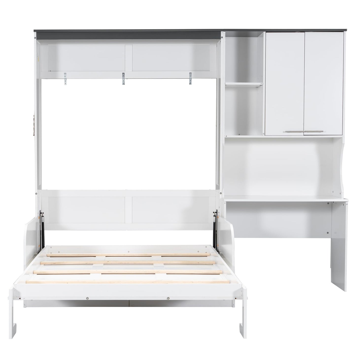 Merax Farmhouse Multi-Functional Murphy Bed with Sofa, Desk & Storage Cabinet,Solid Wood Foldable Wall Bed/Space Saving/No Box Spring Needed/Full,White + Gray