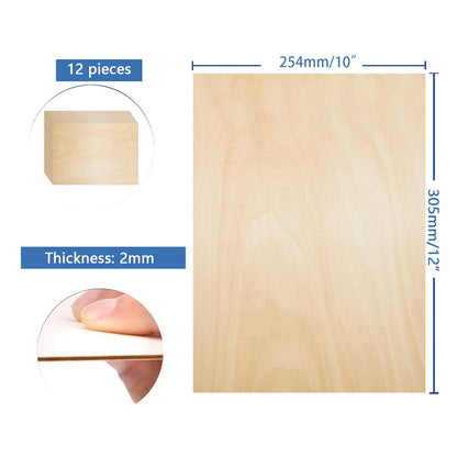 Unfinished Wood Pieces,12 Pcs Basswood Sheets 1/16,Thin Plywood Wood Sheets for Crafts,Perfect for DIY Projects, Painting, Drawing, Laser,Engraving,Burning and CNC Cutting(12x10Inchx2mm)