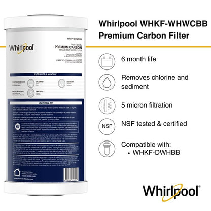 Whirlpool 10" x 4.5" Premium Carbon Water Filter WHKF-WHWCBB, NSF Certified 5 Micron Reduces Chlorine and Sediment, 6-Month Life, Large Capacity Replacement Cartridge Fits Most Home Filter Housings