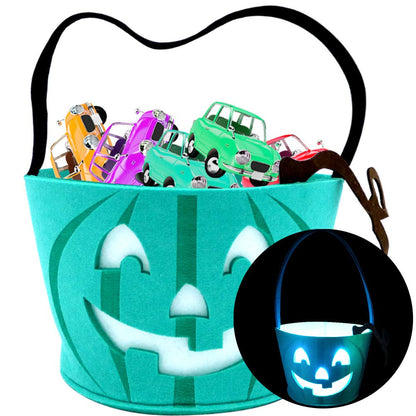Six Senses Media Light Up Teal Pumpkin Halloween Felt Trick or Treat Bucket, with Blue LED lights, Halloween Party Favors, Halloween Snacks, Goodie Bags for Kids, Novlety Gifts