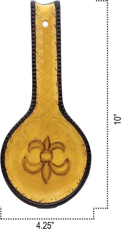 ACK Tuscany Colorful Hand Painted Fleur De Lis Yellow Spoon Rest - Cooking Spoon Holder for Kitchen Counter