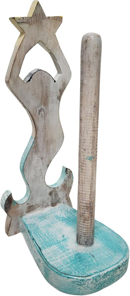 WorldBazzar Hand Carved Mermaid Star Fish Paper Towel Holder Wood Carving Nautical Statue Kitchen Gadget Sculpture