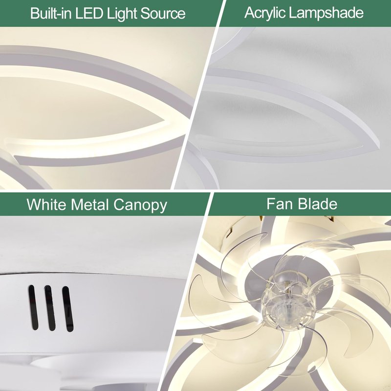 Yfrest Modern Semi Flush Mount Ceiling Fan with Lights - 30" White, 3 Light Color, 6 Speeds, Flower Design, Low Profile for Kitchen, Bedroom