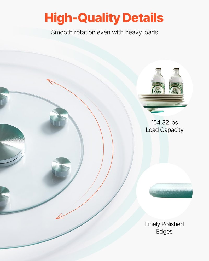 VEVOR 24 in Glass Lazy Susan Turntable, Tempered Glass Dining Table Centerpiece with 6 Rotating Wheels, 360° Smooth and Silent Spin Tabletop Rotating Tray, for Family Gatherings, Banquets & Weddings