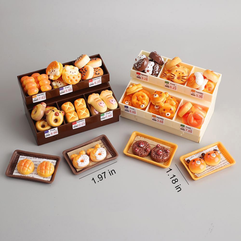 Boodecal 62Pcs Miniature Bakery Mini Bread Food Stand Display Cabinet Bread Rack Play Mini Kitchen Game Party Accessories Toys for Doll House