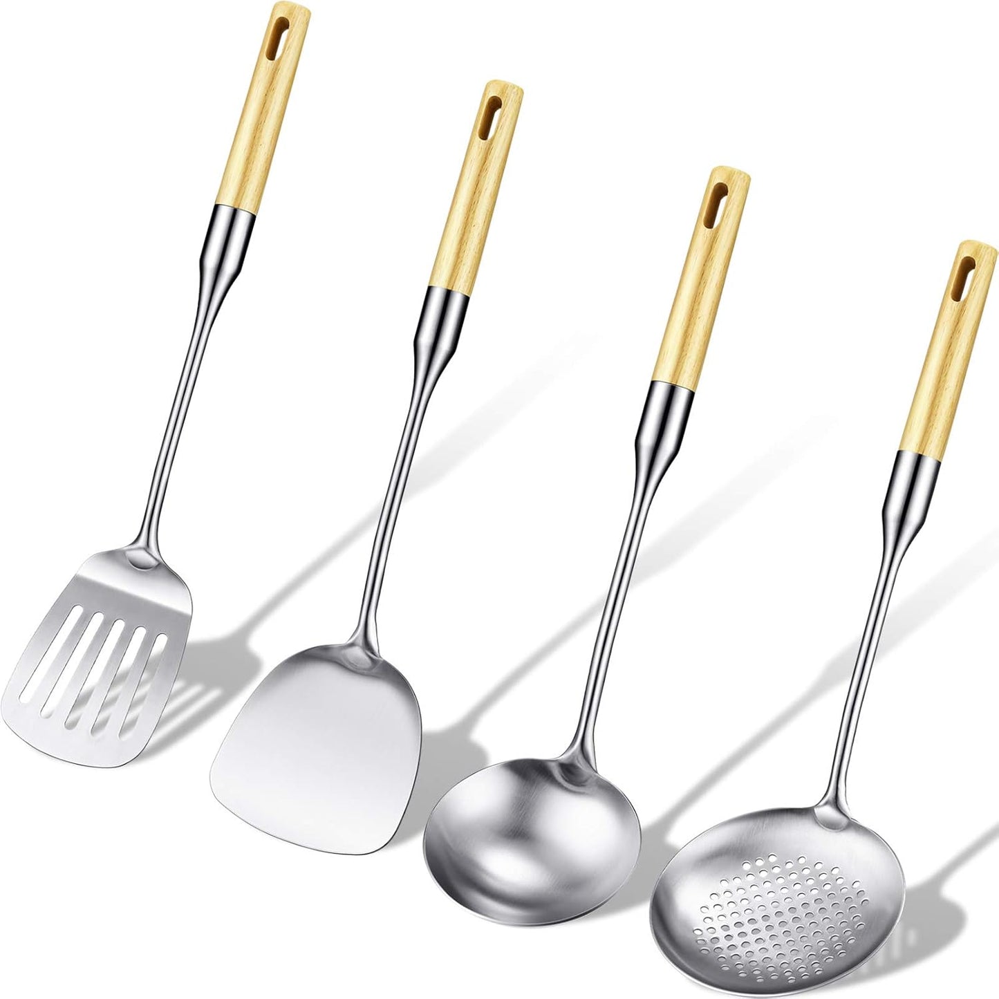 Stainless Steel Kitchen Cooking Utensils Set, Specialty Chinese Wok Utensils with Skimmer, Slotted Spoon, Spatula Turner