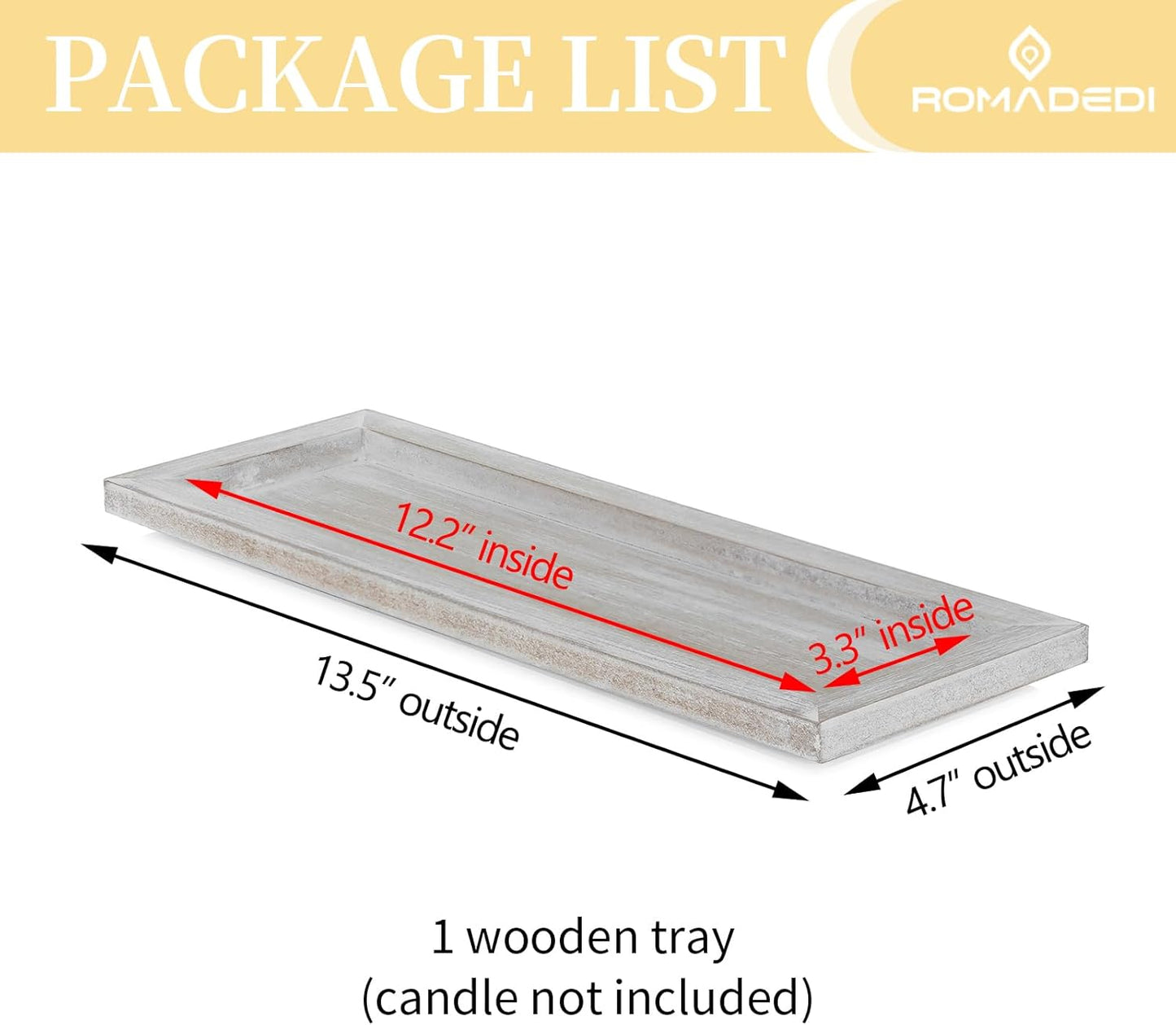 13.5 inch Romadedi Wooden Decorative Tray Candle Holder - Wood Long Narrow Tray Home Decor Small Rustic Farmhouse