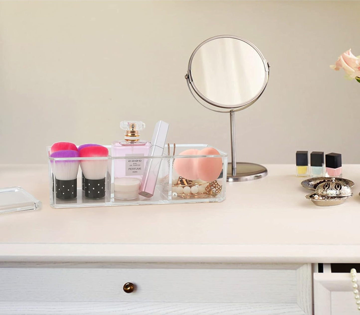 dedoot Plastic Drawer Organizer, Clear Acrylic Vanity Desk Storage with 3 Compartments for Makeup and Jewelry
