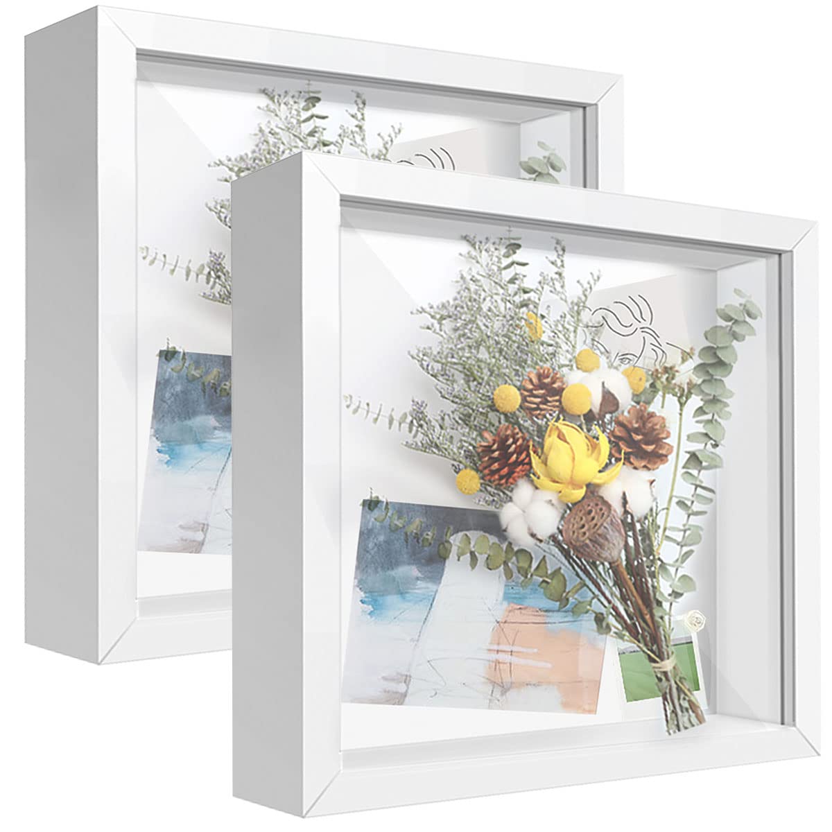 TouYinger 8x8 White Shadow Box Frame Display Case (2 Packs) with Letter Stickers, Display Case Box for Memorabilia, Baby Items, Wedding Memories, Crafts, Tickets and Photos