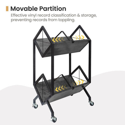 SwaaVee Vinyl Record Storage Holder with Wheels, 2-Tier Record Holder 160-200 LP with Dividers, Retro Style Quick Assembly Vinyl Record Display for Albums, Magazine, Book, Files(2 Tier- Gray)