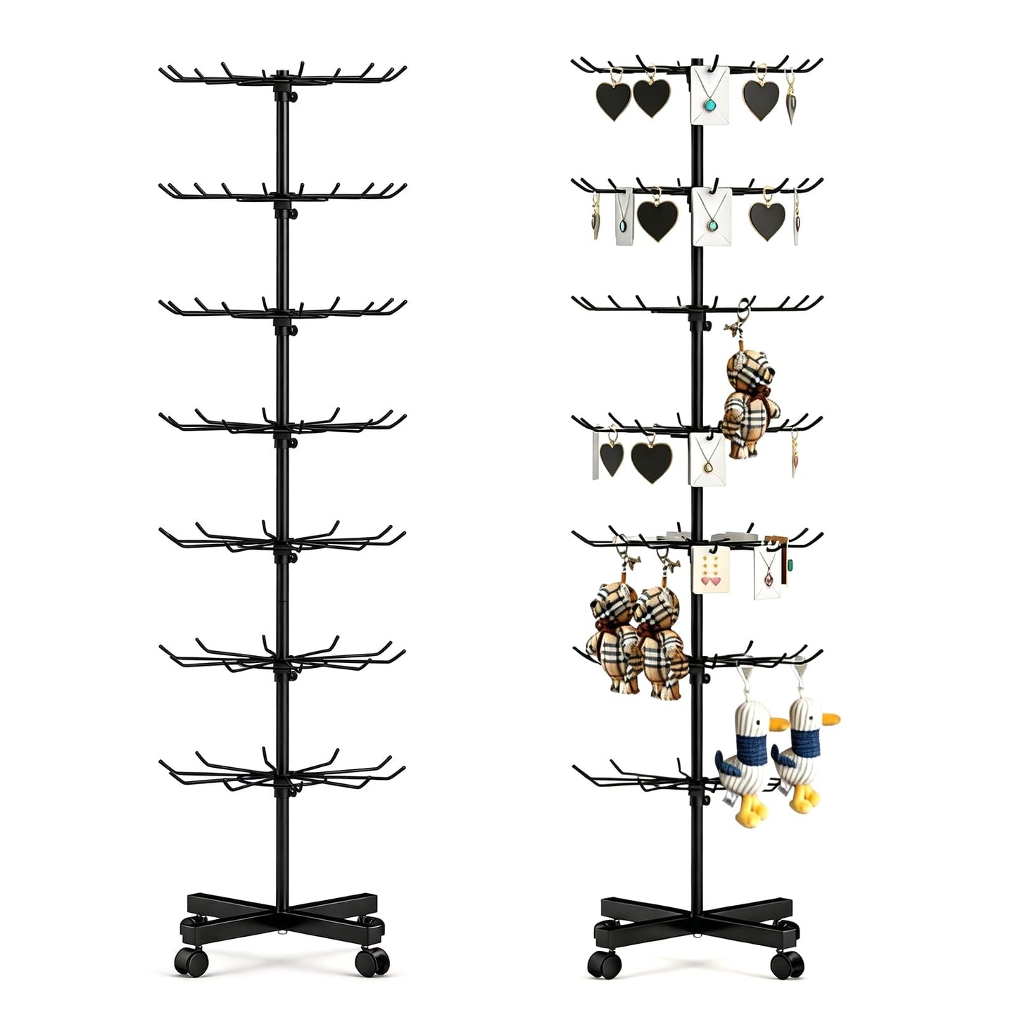Homelio 7-Tier Heavy Duty Rotating Display Rack with Wheels, Metal Floor Spinner Stand for Retail Store, Adjustable Keychain & Jewelry Display Shelves for Craft Fair & Showroom