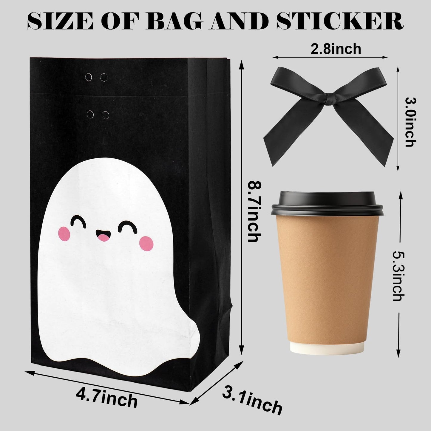 JarThenaAMCS 24Pcs Halloween Party Favor Bags Little Boo Ghost Paper Gift Bags with Black Pink Ribbon Bows Candy Goodie Treat Bag for Birthday Baby Shower Party Supplies