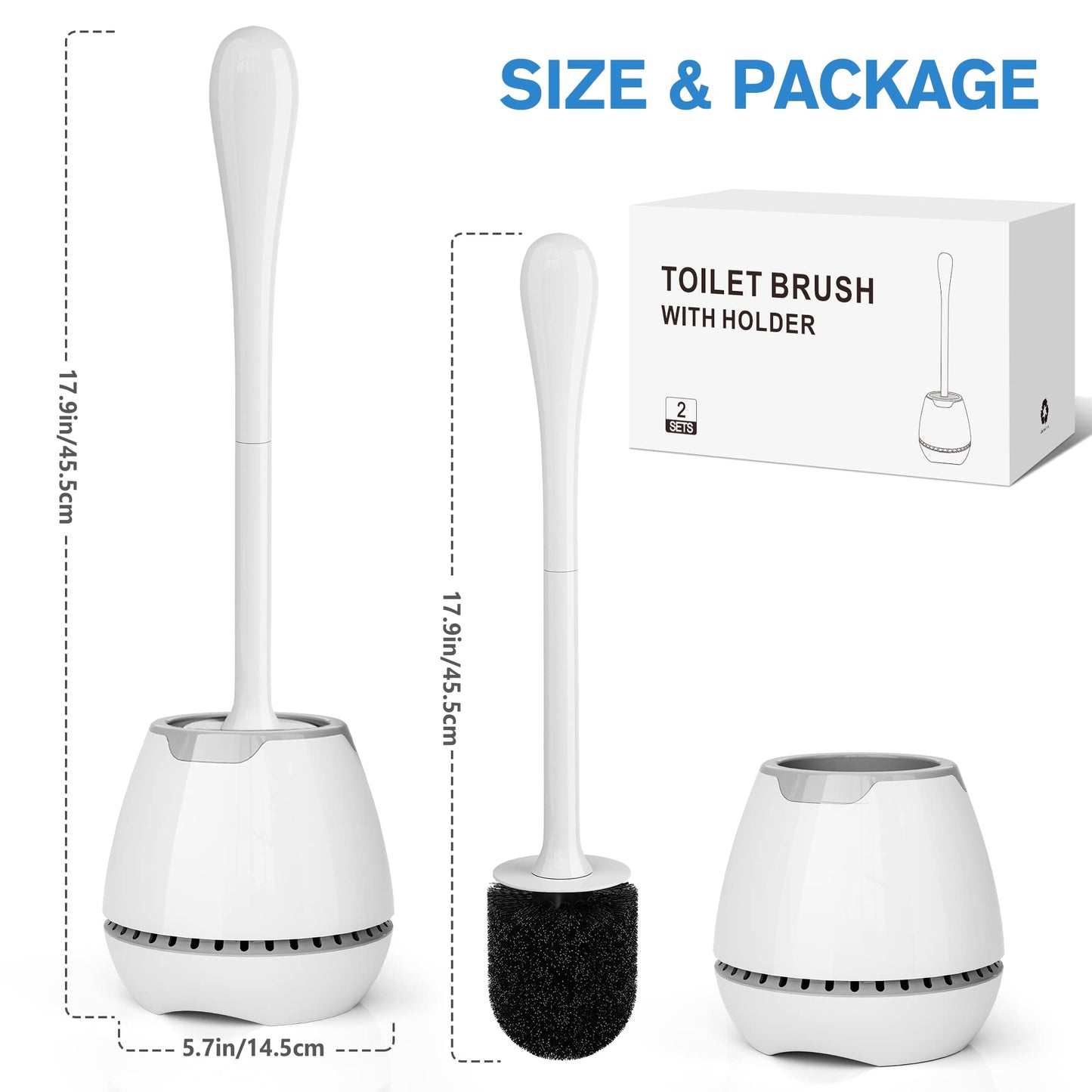 Toilet Brush and Holder, Toilet Bowl Brush with Ventilated Holder and Ergonomic Long Handle, Durable Bristles Toilet Scrubber Set for Bathroom Cleaning