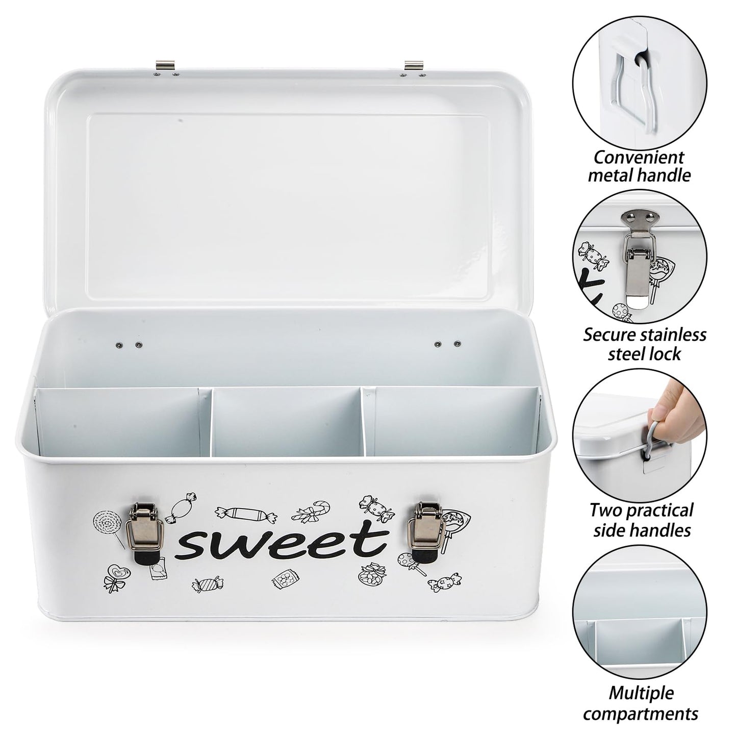 Frcctre Candy Storage Box, 4 Compartments Metal Candy Cookies Snacks Storage Tin Box with Lid Food Storage Container Farmhouse Kitchen Pantry Canister with Handle and Safety Lock