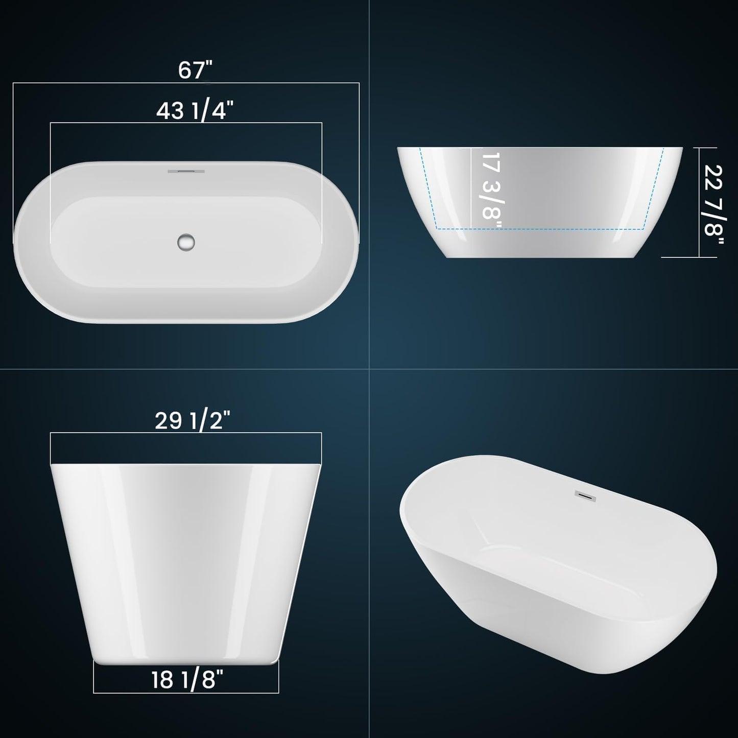 GarveeHome 67 Inch Acrylic Freestanding Bathtub, Deep Soaking Tub with Non-Slip Base, CUPC Certified Free Standing Tub, Chrome Drain Bath Tub, Modern Tub for Bathrooms, White