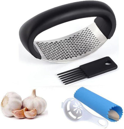 Garlic Press Rocker - Stainless Steel Garlic Crusher with Silicone Peeler and Mini Brush Tools (Black)