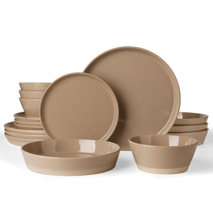 Famiware Saturn 16 Pieces Plates and Double Bowls Sets for 4, Stoneware Dinnerware Set with Pasta Bowl, Dish Set with Trim - Chip & Scratch Resistant, Microwave & Dishwasher Safe, Cinnamon Brown