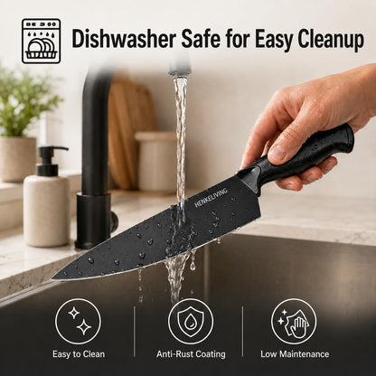 HENKELIVING Knife Set, 14-Piece Black Dishwasher Safe Kitchen Knife Block Set with Built-In Sharpener, German High Carbon Stainless Steel Blades, Ultra Sharp Knives with Ergonomic Non-Slip Handles