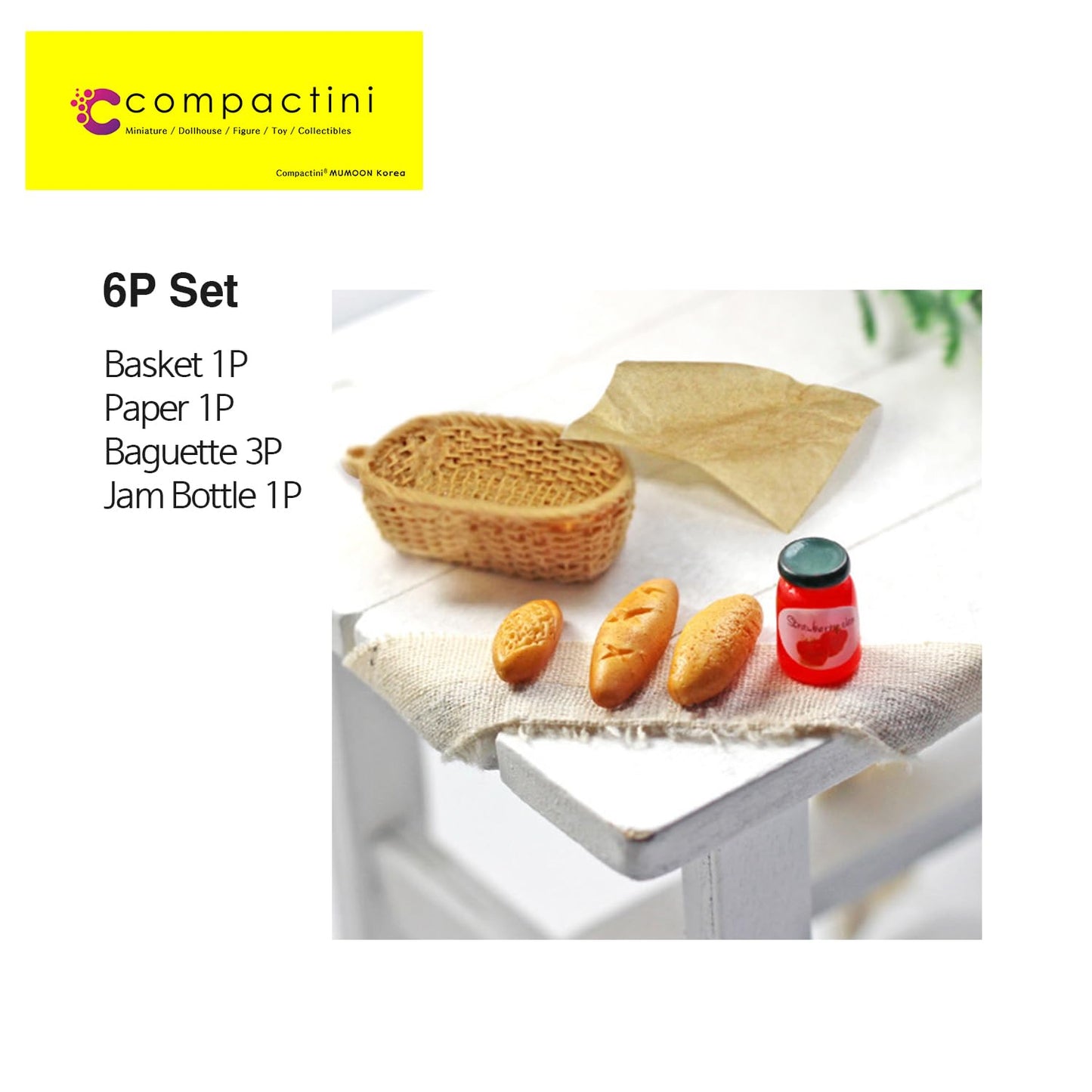 COMPACTINI Miniature 6P Set Model 1:12 Scale Set Dollhouse Accessories Picnic Miniature Bakery Baguette Bread Jam Basket Miniature Doll Party Play Accessories