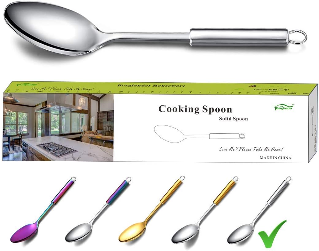 Berglander Solid Spoon, Stainless Steel Cooking Spoon, Basting Spoon, Non-Stick, Heat Resistant, Dishwasher Safe