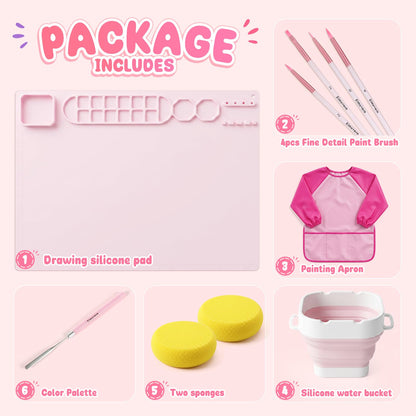 Zimuvora Silicone Painting Mat Set, Paint Mats for Kids with Foldable Silicone Cup, 4 Detail Paint Brushes, 2 Sponge Pads, Apron & Mixing Tool, Washable Art Table Mat (Pink)
