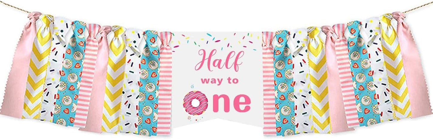 Mccalwell 1/2 Donut Half Birthday Highchair Banner Decorations, 'Half Way to One' Highchair Banner for Boy's Year