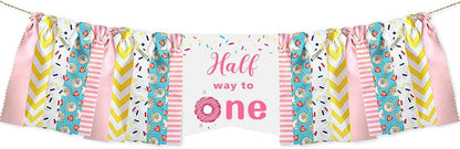 Mccalwell 1/2 Donut Half Birthday Highchair Banner Decorations, 'Half Way to One' Highchair Banner for Boy's Year