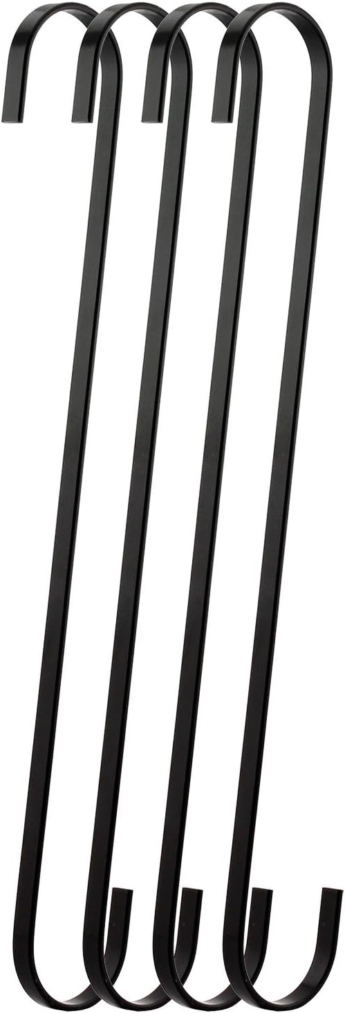 4-Pack 12 Inch Black Chrome Finish Steel Hanging Flat Hooks - Heavy-Duty S Hooks for Kitchenware, Plants, Towels