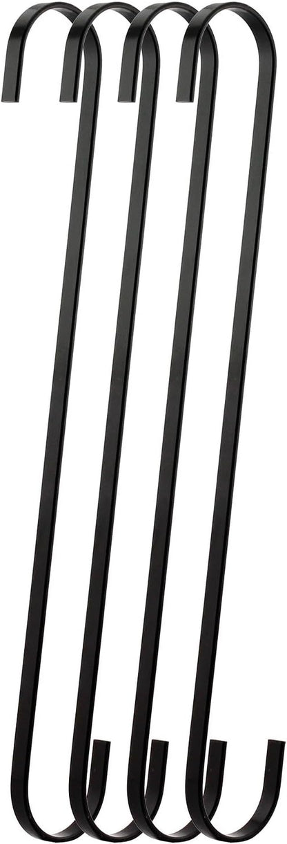 4-Pack 12 Inch Black Chrome Finish Steel Hanging Flat Hooks - Heavy-Duty S Hooks for Kitchenware, Plants, Towels
