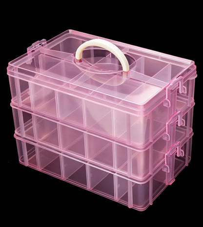 Praisebank 3-Layer Stackable Storage Container Box, 30 Dividers Compartments, Perfect for Storage Jewelry & Arts & Crafts & Sewing. (Pink)