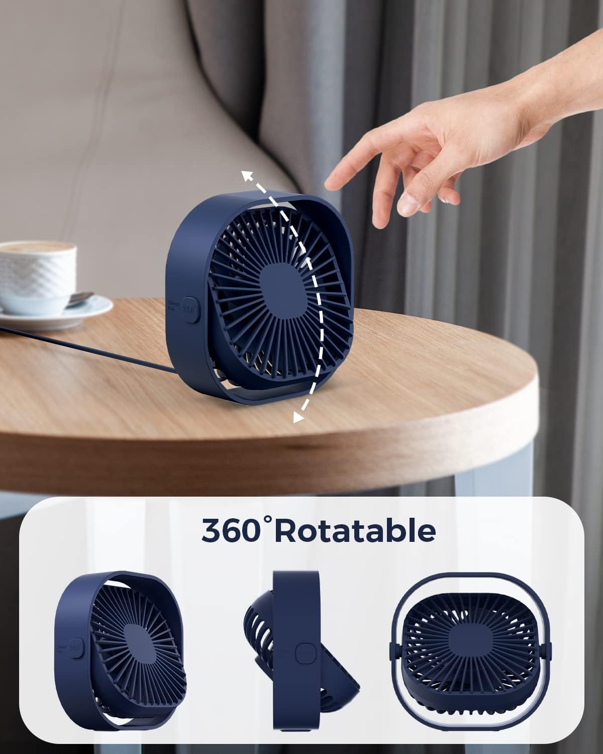 RJVW Small USB Desk Fan, 3 Speeds Portable Table Fan, 4 Inch Mini Fan, 360° Rotatable for Home Office