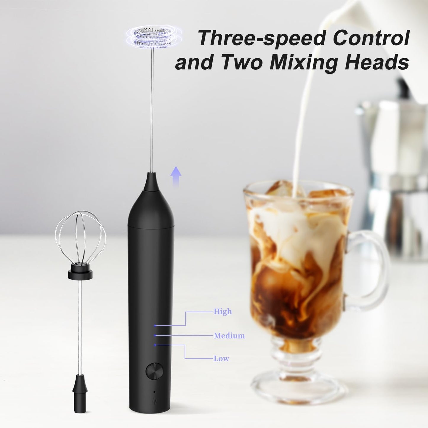 Powerful Electric Milk Frother Set, Rechargeable Drink Blender with Wand and Egg Whisk Attachments, 3 Speed Adjustable