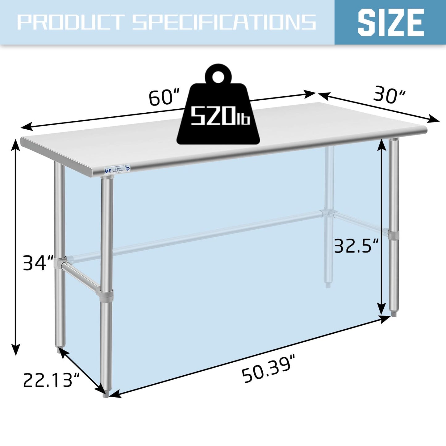 HALLY Open Base Stainless Steel Table 30 x 60 Inches, NSF Commercial Heavy Duty Prep & Work Table with Galvanized Legs for Restaurant, Home and Hotel