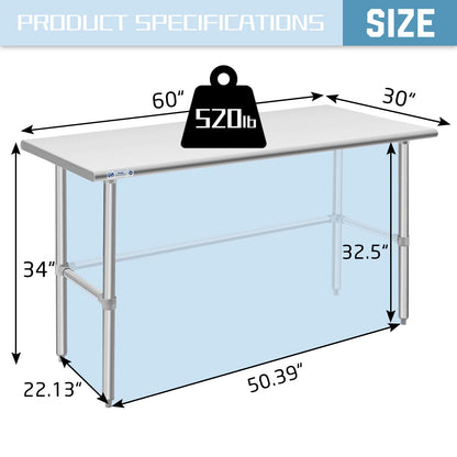 HALLY Open Base Stainless Steel Table 30 x 60 Inches, NSF Commercial Heavy Duty Prep & Work Table with Galvanized Legs for Restaurant, Home and Hotel