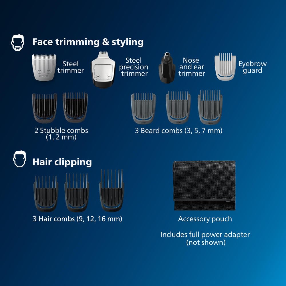 Norelco Philips Multigroom 3000 Series, All-in-One Trimmer, Beard Trimmer and Hair Clipper, 15-Piece Men's Grooming Kit for Head, Beard, Face, Nose, Ears, No Blade Oil Needed, Soft Pouch, MG3770/40