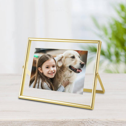 CROXXID 5x7 Floating Picture Frames Set of 2, Made of Metal and Double Real Glass, for Photo Size up to 7x9, Tabletop Display Home or Wedding Decoration (Horizontal Gold)