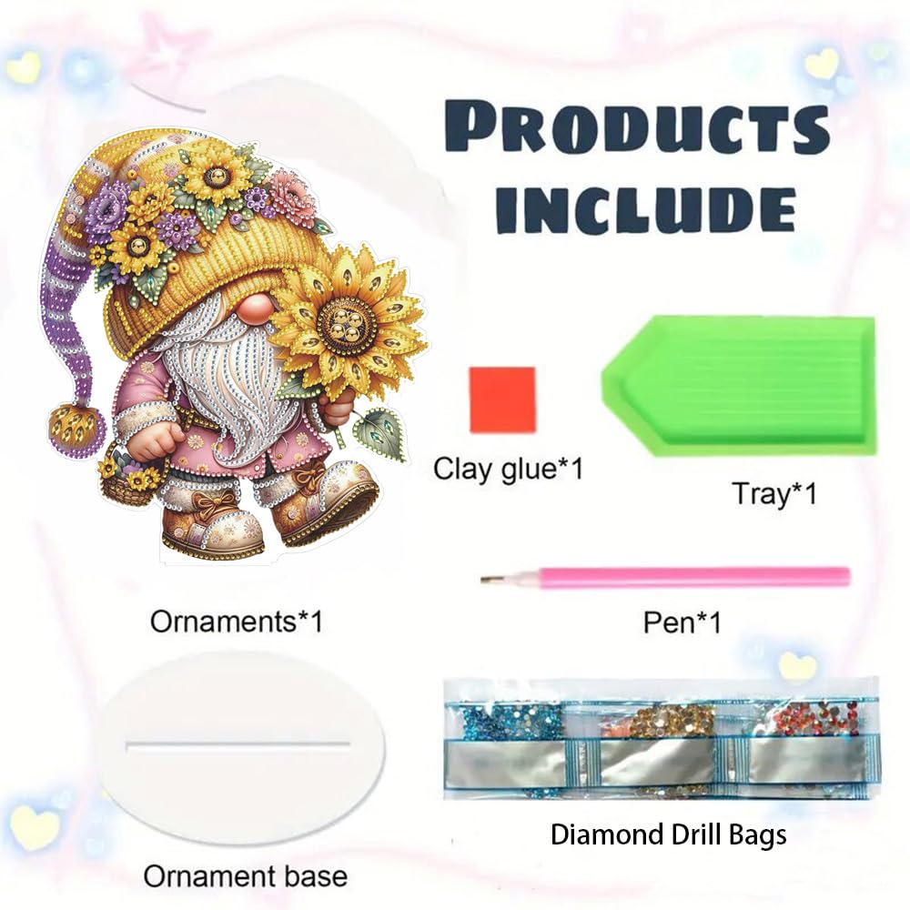Bloomthread Diamond Art Painting Kit - Gnome and Sunflower Partial Drill Diamond Painting Ornament Single Sided for Adult Beginner, DIY Craft Kit for Holiday Gift (Gnome)