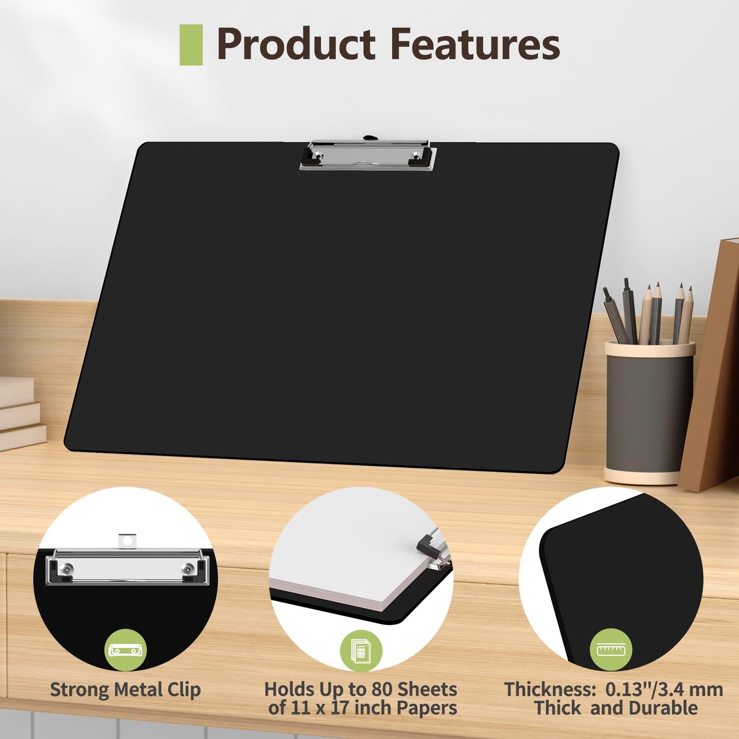 Juvealoe Extra Large Clipboard, 11 x 17 Black Plastic Drawing Boards, Horizontal Clip Board, Landscape Layout, Suitable for Sketching, Watercolor. Drafting & Art Supply