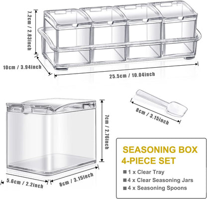 HANHAN Clear Seasoning Boxes, 4 PCS Acrylic Spice Shakers with Spoon, Lid & Tray for Kitchen Storage (Clear)