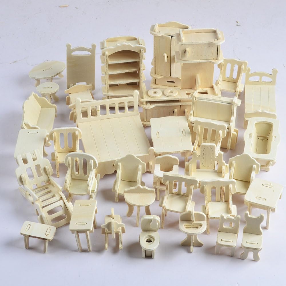 NWFashion 1:20 Scale Wooden Piecese 34Sets Furnitures for Dollhouse(Furniture Sets)