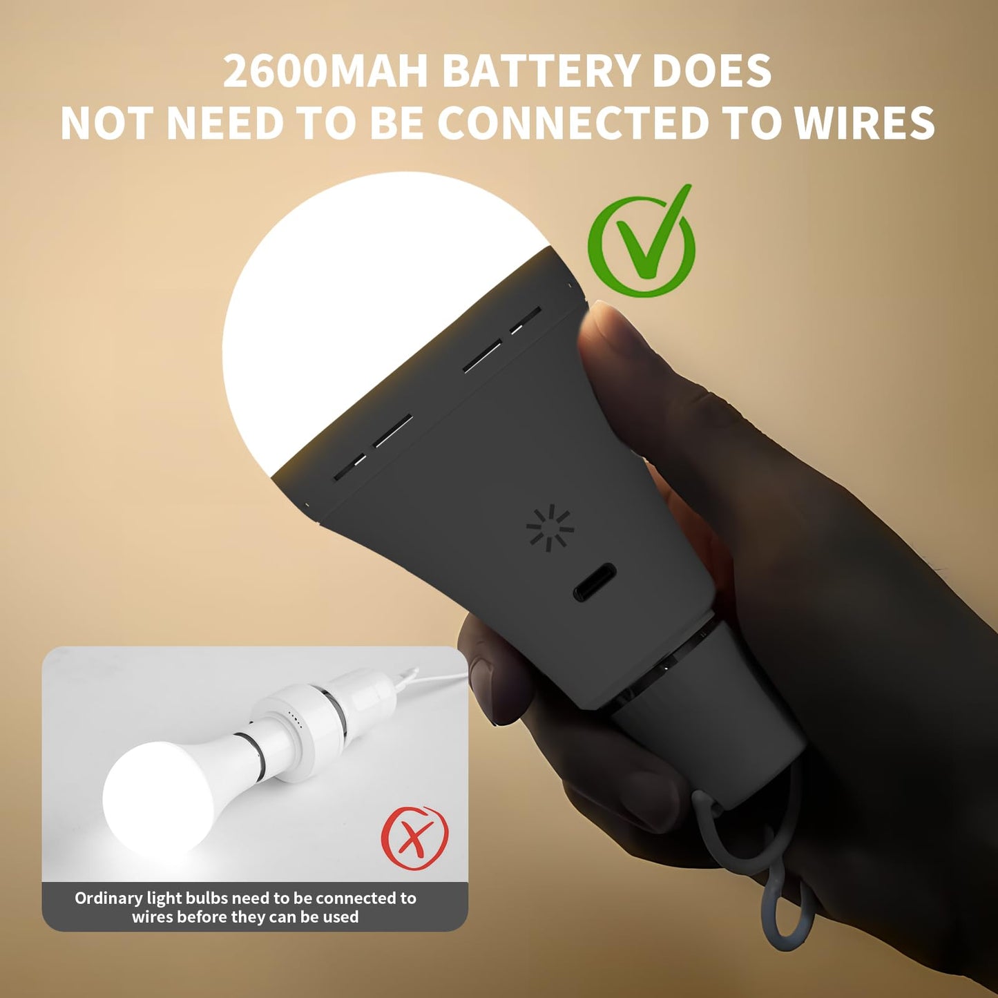 BOBOPAI USB Rechargeable Light Bulb with Remote Control, 2600mAh Battery Powered Light Bulbs E26 Touch Control Dimmable LED Bulb with Timer, Outdoor Emergency Bulb with Hook,3000K/2 Pack