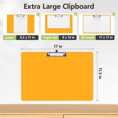 Juvealoe Extra Large Clipboard, 11 x 17 Light Orange Plastic Drawing Boards, Horizontal Clip Board, Landscape Layout, Suitable for Sketching, Watercolor. Drafting & Art Supply