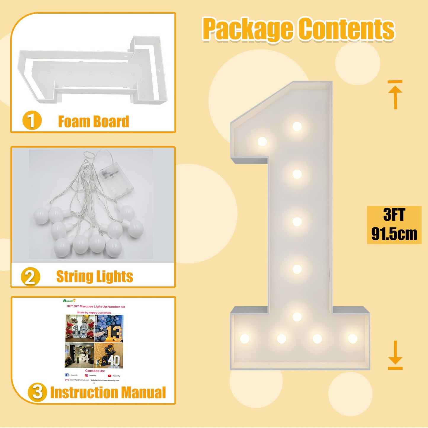3FT Marquee Numbers, Warm White Light Up Number 1 with Display Board, Marquee Balloon Kit Decorations, DIY Pre-Cut Frames for Party, 1st Baby Birthday, Anniversary Decor, 21st Milestones