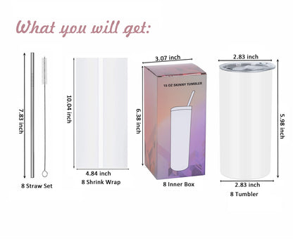 Wzaytia 15 Oz Sublimation Tumblers Blank (8 Pack), Skinny Straight Kids Sublimation Tumblers Bulk, Individually Gift Boxed,