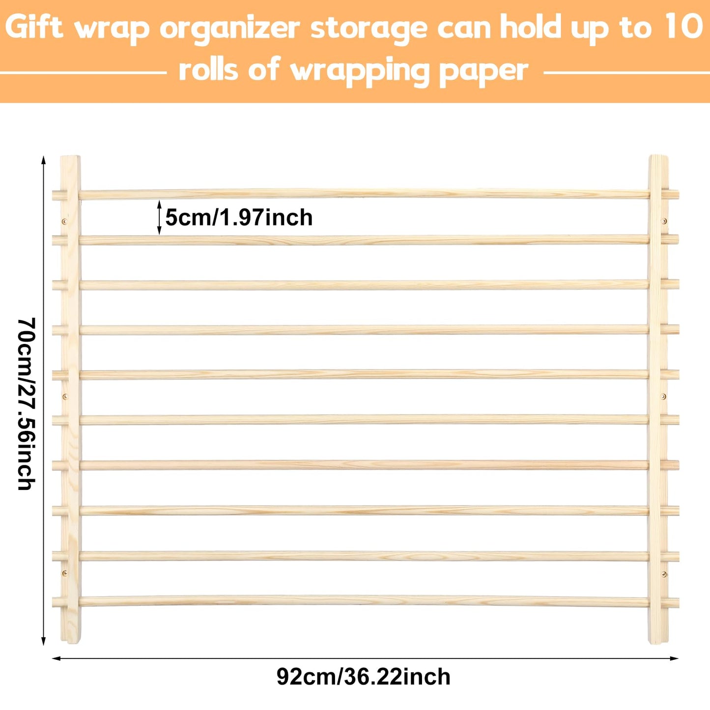 Kigley 10 Tier Ribbon Holder Organizer Rack Wood Wrapping Paper Display Rack Large Gift Wrapping Paper Storage Organizer Easy Wall Mount Wrapper Storage
